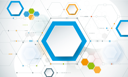 Illustration of circuit board and  paper hexagons background.のイラスト素材