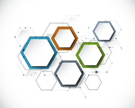 Vector molecule with 3D paper label, integrated Hexagon background.のイラスト素材
