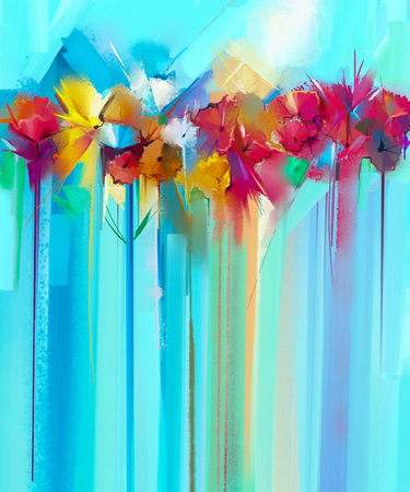 Abstract floral oil color painting. Hand painted Yellow and Red flowers in soft color. Flower paintings on green and blue color background. Spring flower seasonal nature background.の写真素材