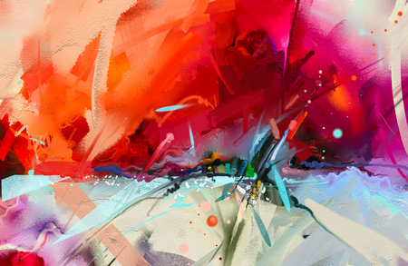 Abstract colorful oil painting on canvas texture. Hand drawn brush stroke, oil color paintings background. Modern art oil paintings with green, red and blue. Abstract contemporary art for background.の写真素材