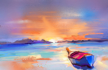 Colorful oil painting on canvas texture. Impressionism image of seascape paintings with sunlight background. Modern art oil paintings with boat, sail on sea. Abstract contemporary art for background.の写真素材