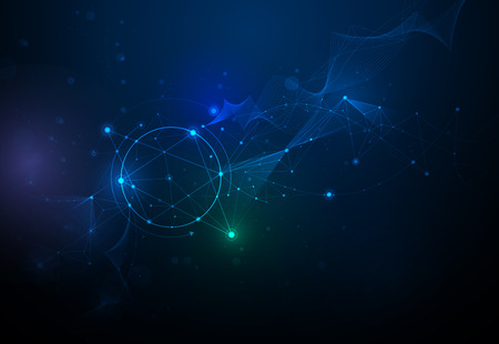 Illustration Abstract Molecules and 3D Mesh with Circles, Lines, Geometric, Polygonal, Triangle pattern. Vector design communication technology on blue background. Futuristic- digital technology conceptのイラスト素材