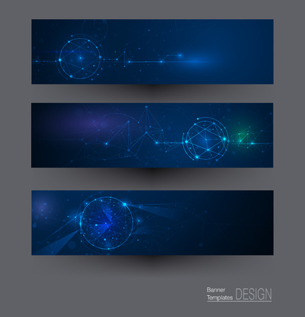 Illustration banners set, Abstract Molecules with Circles, Lines, Geometric, Polygon. Vector design network communication on dark blue background. Futuristic digital science technology concept for web banner template or brochureのイラスト素材