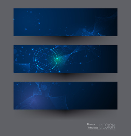 Illustration banners set, Abstract Molecules with Circles, Lines, Geometric, Polygon. Vector design network communication on dark blue background. Futuristic digital science technology concept for web banner template or brochureのイラスト素材