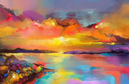 Colorful oil painting on canvas texture. Impressionism image of seascape paintings with sunlight background. Modern art oil paintings of sunset over sea and beach. Abstract contemporary artの写真素材