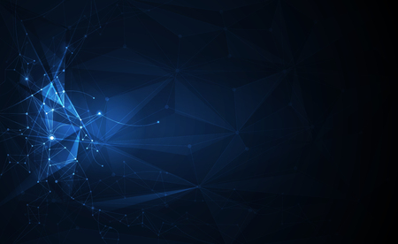 Illustration Abstract Molecules with Lines, Geometric, Polygon, Triangle pattern. Vector design network communication technology on dark blue background. Futuristic- digital science technology conceptのイラスト素材