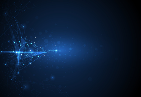 Illustration Abstract Molecules with Lines, Geometric, Polygon, Triangle pattern. Vector design network communication technology on dark blue background. Futuristic- digital science technology conceptのイラスト素材