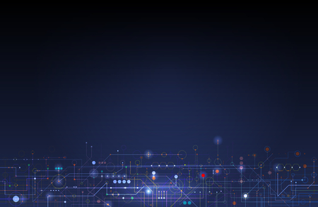 Vector illustration circuit board and hexagons background. Hi-tech digital technology and engineering, digital telecom technology concept. Vector abstract futuristic on dark blue color backgroundのイラスト素材