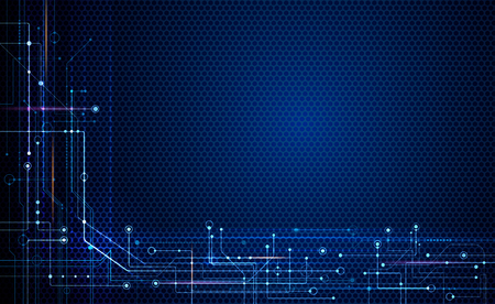 Illustration abstract background, circuit board or motherboard. Vector design for abstract technology, communication, futuristic. Hi tech digital concept on dark blue backgroundのイラスト素材