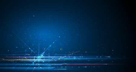 Vector illustration molecule with line, speed movement pattern and motion blur over dark blue background. Hi-tech digital technology concept. Abstract internet, futuristic techno design backgroundのイラスト素材