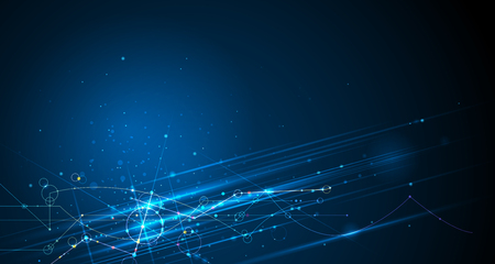 Vector illustration molecule with line, speed movement pattern and motion blur over dark blue background. Hi-tech digital technology concept. Abstract internet, futuristic techno design backgroundのイラスト素材