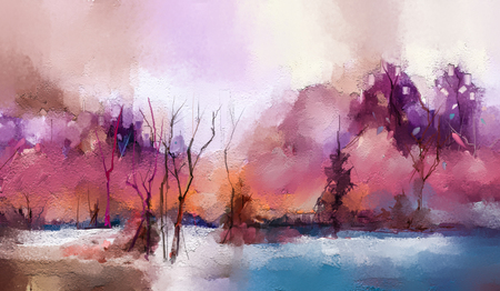 Oil painting colorful autumn trees. Vintage paint color image of landscape, forest with yellow, red leaf and lake.の写真素材