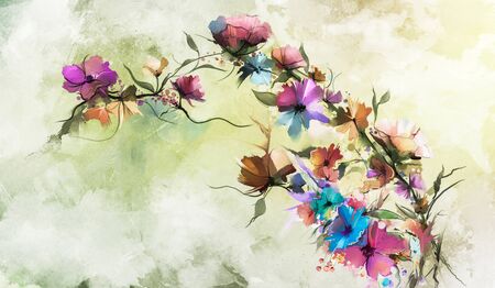 Abstract floral oil color painting. Hand painted Yellow and Red flowers in soft color. Flower paintings vintage style and yellow, red color background. Spring flower seasonal nature backgroundの写真素材