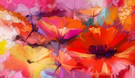 Abstract colorful oil, acrylic painting of spring flower. Hand painted brush stroke on canvas. Illustration oil painting floral for background. Modern art paintings flowers with yellow, red color.の写真素材