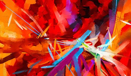 Abstract colorful oil painting on canvas texture. Hand drawn brush stroke, oil color paintings background. Modern art oil paintings with yellow, red color. Abstract contemporary art for backgroundの写真素材