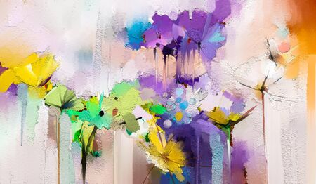 Abstract colorful oil, acrylic painting of spring flower. Hand painted brush stroke on canvas.の写真素材