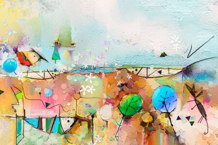 Abstract colorful fantasy oil, acrylic painting. Semi abstract paint of tree, fish and bird in landscape.の写真素材