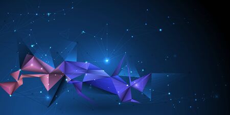 Vector 3D Illustration Geometric, Polygon, Line,Triangle pattern shape with molecule structure. Polygonal with blue purple, yellow background. Abstract science, futuristic, network connection conceptのイラスト素材