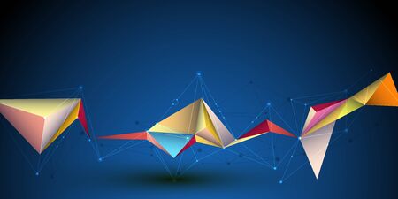 Vector 3D Illustration Geometric, Polygon, Line,Triangle pattern shape with molecule structure. Polygonal with blue purple, yellow background. Abstract science, futuristic, network connection conceptのイラスト素材