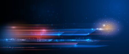 Vector Abstract, science, futuristic, energy technology concept. Digital image of light rays, stripes lines with blue light, speed and motion blur over dark blue backgroundのイラスト素材