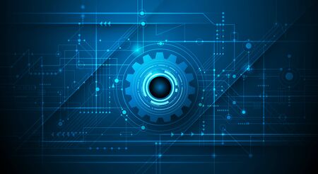 Vector illustration design, digital eyeball and line on circuit board. High tech computer, science technology. Abstract futuristic communication concept. Dark blue color backgroundのイラスト素材