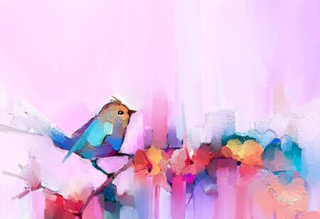 Abstract colorful oil, acrylic painting of bird and spring flower. Modern art paintings brush stroke on canvas. Illustration oil painting, animal and floral for backgroundの写真素材