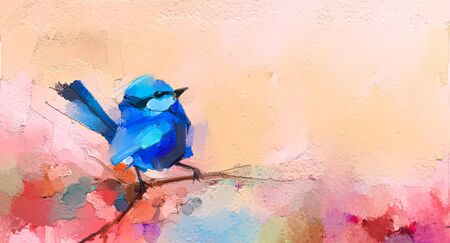 Abstract colorful oil, acrylic painting of bird and spring flower. Modern art paintings brush stroke on canvas. Illustration oil painting, animal and floral for background.の写真素材