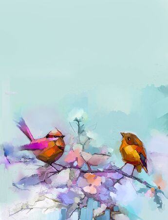 Abstract colorful oil, acrylic painting of bird and spring flower. Modern art paintings brush stroke on canvas. Illustration oil painting, animal and floral for background.の写真素材