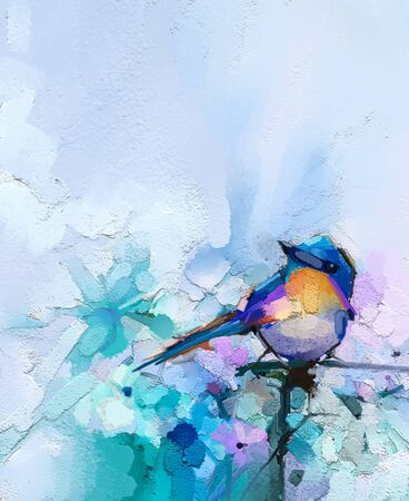 Abstract colorful oil, acrylic painting of bird and spring flower.の写真素材