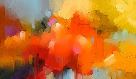 Abstract colorful oil painting on canvas texture. Semi- abstract paint of tree in landscape. Modern art oil paintings nature with yellow, red color. Abstract contemporary art for backgroundの写真素材
