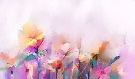 Abstract colorful oil, acrylic painting of spring flower. Hand painted brush stroke on canvas. Illustration floral for background with oil paint. Modern art paintings flowers with yellow, red colorの写真素材