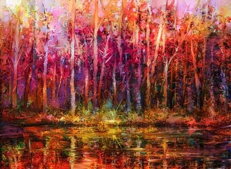 Oil painting colorful autumn trees. Semi abstract image of forest, aspen trees with yellow - red leaf and lake. Autumn, Fall season nature background. Hand Painted Impressionist, outdoor landscapeの写真素材