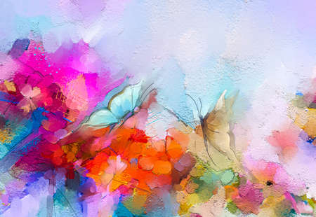 Abstract colorful oil, acrylic painting of butterfly flying over spring flower. Illustration hand paint floral blossom in summer or spring season, nature image for wallpaper or background.の写真素材