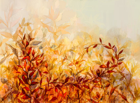 Abstract oil painting of colorful flower with orange, red, yellow leaf. Illustration hand painted, nature of fall, autumn season. Paint design for natural wallpaper. Vintage floral color backgroundの写真素材