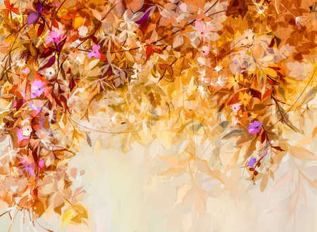 Abstract oil painting of colorful flower with orange, red, yellow leaf. Illustration hand painted, nature of fall, autumn season. Paint design for natural wallpaper. Vintage floral color backgroundの写真素材