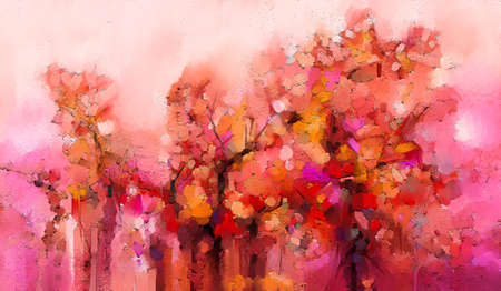 Illustration colorful autumn forest. Abstract image of fall season, yellow and red leaf on tree, field, outdoor landscape. Nature painting with oil paint. Modern art for wallpaper backgroundの写真素材
