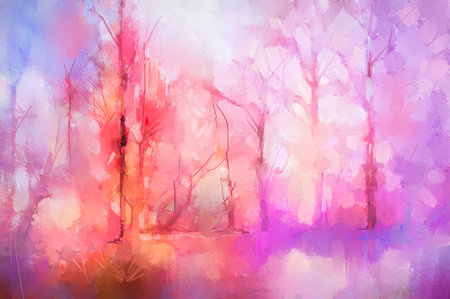 Illustration colorful autumn forest. Abstract image of fall season, yellow and red leaf on tree, field, meadow, outdoor landscape. Nature painting with oil paint. Modern art for wallpaper backgroundの写真素材