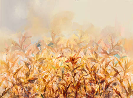 Abstract oil painting of colorful flower with orange, red, yellow leaf. Illustration hand painted, nature of fall, autumn season. Paint design for natural wallpaper. Vintage floral color backgroundの写真素材