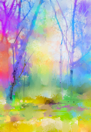 Illustration soft colorful autumn forest. Abstract fall season, yellow and red leaf on tree, outdoor landscape. Nature painting pastel design with watercolor paint. Modern art for wallpaper backgroundの写真素材