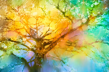 Illustration soft colorful autumn forest. Abstract fall season, yellow and red leaf on tree, outdoor landscape. Nature painting pastel design with watercolor paint. Modern art for wallpaper backgroundの写真素材