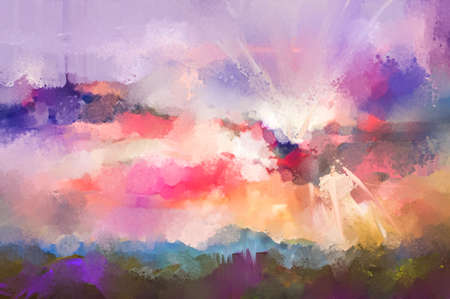 Abstract oil painting landscape. Semi abstract, colorful blue purple cloud and sun on sky. Illustration nature in summer or spring season with oil paint on canvas. Impressionism art for backgroundの写真素材