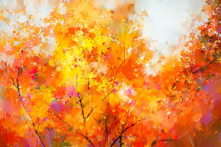 Oil painting colorful autumn season. Semi abstract image of forest, trees with yellow and red leaf with oil paint. Fall season nature background. Hand Painted Impressionist, outdoor landscapeの写真素材