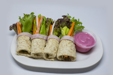 Healthy appetizer plate. Salad rolls. Close upの写真素材