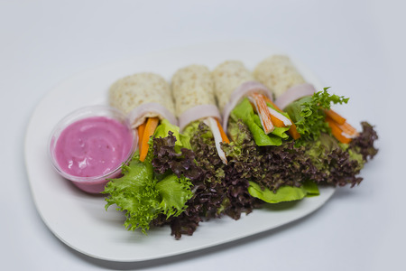 Healthy appetizer plate. Salad rolls. Close upの写真素材