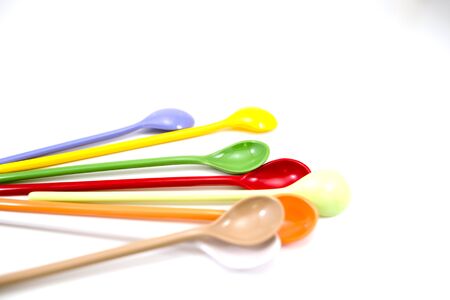 Multi-colored spoon Brown, purple, yellow, green, red,whiteの写真素材