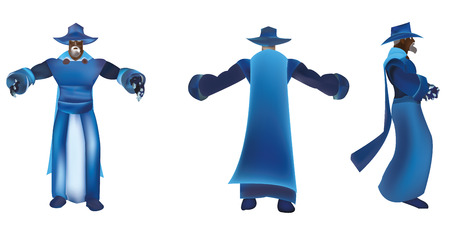 2d illustration of cartoon men in blue costume  character showing the front, back and side view.のイラスト素材