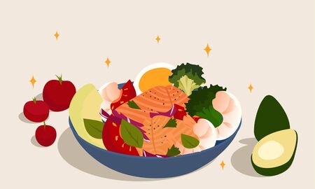cartoon vector illustration of salad whole food with salmonのイラスト素材