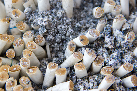 Cigarette butts in trash bin closeup