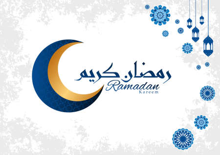 Ramadan Kareem Calligraphy islamic illustration. muslims greeting card, invitation,poster, banner, Eid Mubarak abstract background design template. ramadan theme with crescent blue and golden color.のイラスト素材