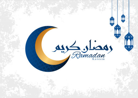 Ramadan Kareem Calligraphy islamic illustration. muslims greeting card, invitation,poster, banner, Eid Mubarak abstract background design template. ramadan theme with crescent blue and golden color.のイラスト素材